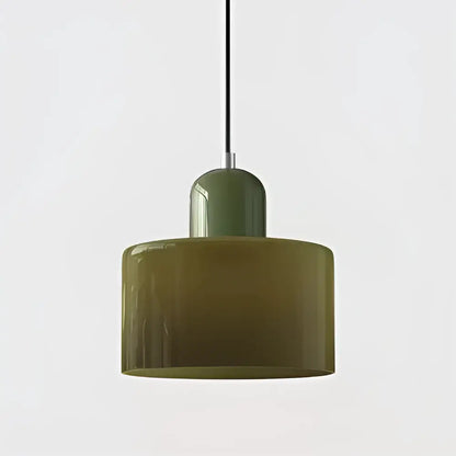 Olive-green glass shade pendant light with sleek cylindrical design and metallic suspension for kitchen dining room