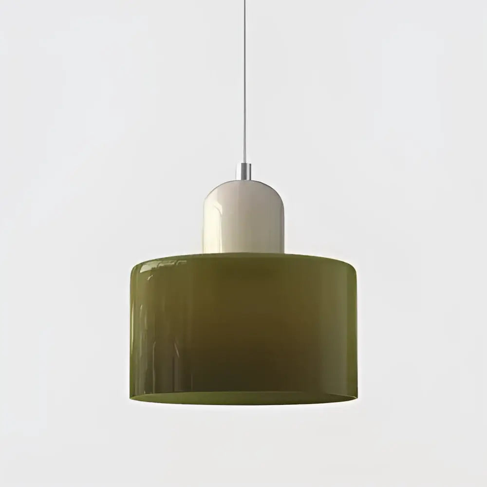 Modern olive-green glass shade pendant light with white ceramic top and metallic suspension for kitchen and dining room