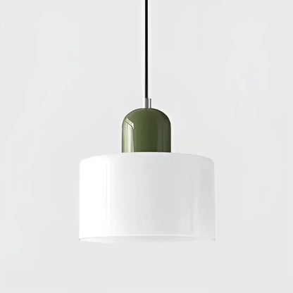 Olive-green stained glass pendant light with a white cylindrical glass shade for kitchen and dining room use