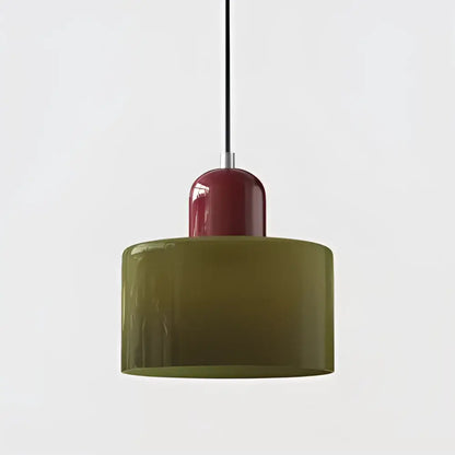 Modern olive-green stained glass pendant light with glossy finish and red cylindrical glass shade top for kitchen dining