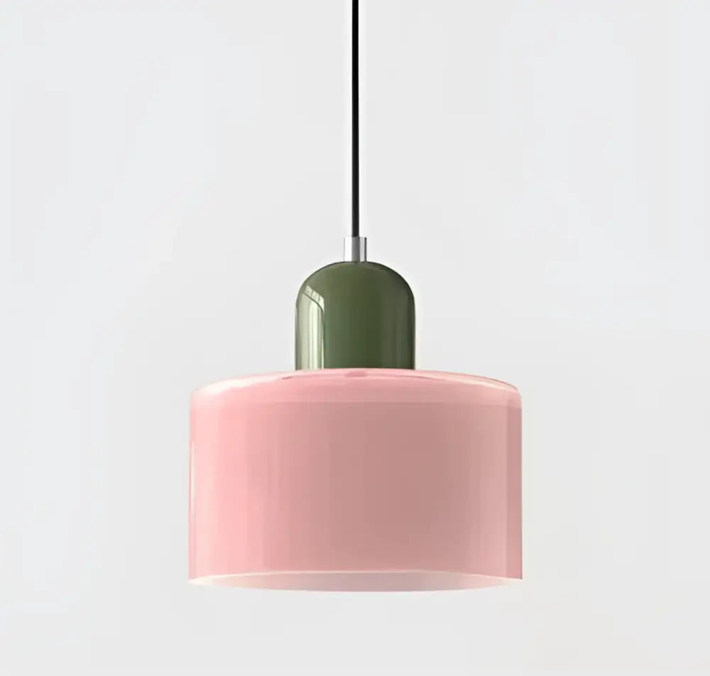 Modern pastel glass shade pendant light with pink cylindrical glass shade and matte olive green top cap for kitchen dining room