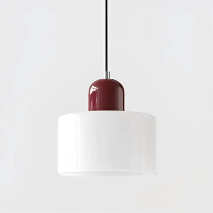 Modern pastel glass shade pendant light with glossy burgundy stained glass top and white translucent glass shade for kitchen
