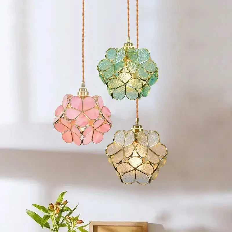 Modern pastel petal colorful glass led pendant lights in pink mint and beige with braided cords for dining room decorbites colorful glass decor