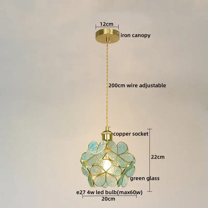 Modern pastel petal colorful glass led pendant lights featuring a delicate green glass floral design with iron canopy and copper socket