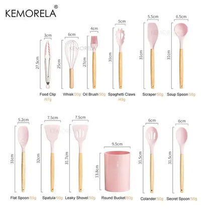Modern pastel silicone kitchen utensil set with pink silicone tools and wooden handles including spatulas spoons and whisks
