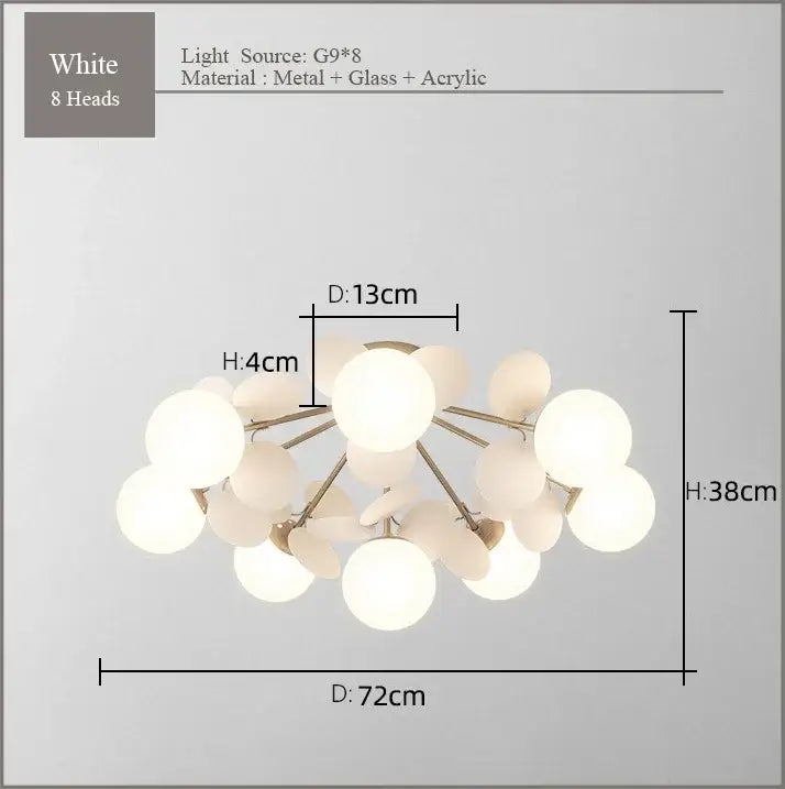 Modern pastel spherical frost glass ceiling chandelier with eight white spherical heads made of metal, glass, and acrylic