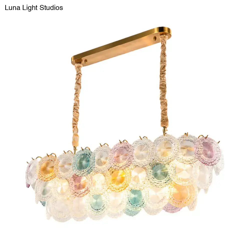 Pastel-colored glass billiard light with gold metal frame and braided rope suspension modern island chandelier