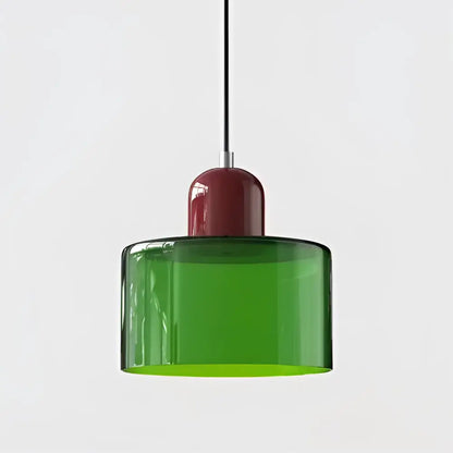 Modern pastel stained glass cord pendant set with vibrant green glass shade and glossy red metallic top pendant light