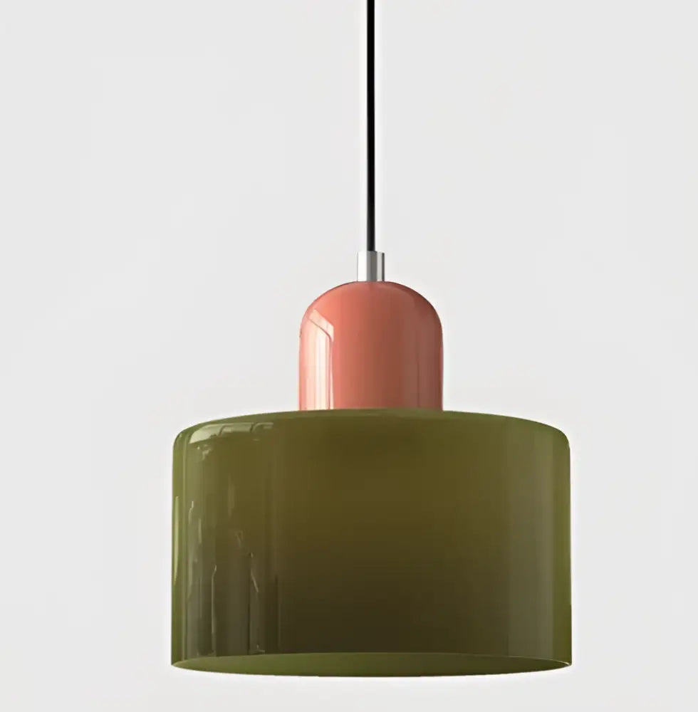 Modern pendant light with matte olive green cylindrical shade and coral dome top in a pastel stained glass cord pendant set
