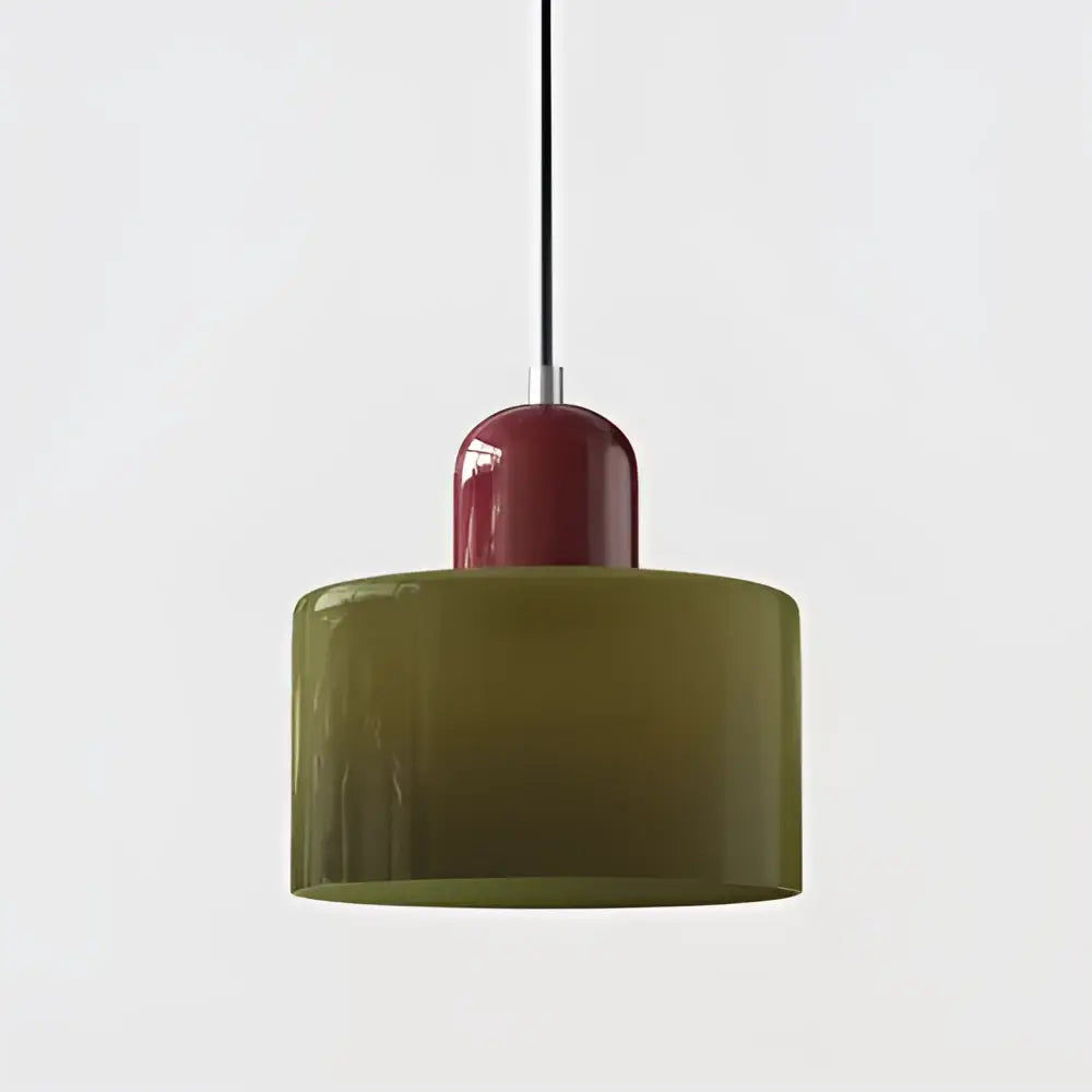 Modern pastel stained glass olive-green pendant light with glossy finish and red cylindrical cord pendant top for kitchen use