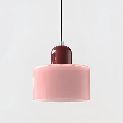Modern pastel stained glass cord pendant light set of 4 with soft pink cylindrical shade and glossy burgundy top cap