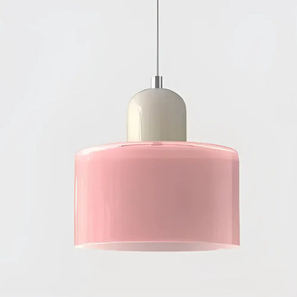 Modern pastel stained glass cord pendant set featuring a soft pink cylindrical pendant light with matte white dome top