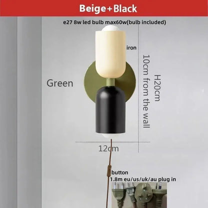 Beige and black modern decorbites led wall sconce with green circular backplate iron base and frosted glass shade