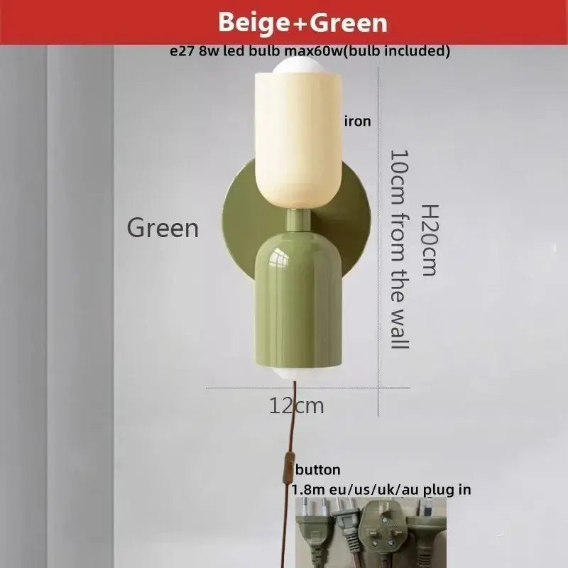 Beige and green modern decorbites led wall sconce with iron base and cylindrical lampshade for bedroom decorbites led wall lights