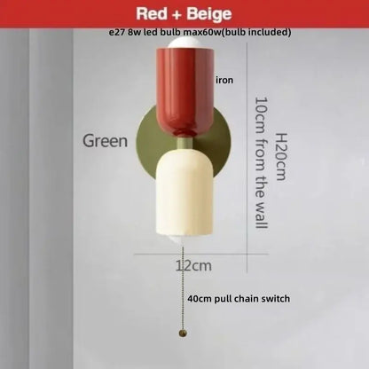 Modern peach and cream decorbites led wall lights with red and beige iron sconce and green circular backplate for bedroom decor