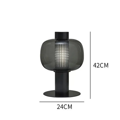 Modern perforated glass table lamp with dark gray translucent body and black metal base for bedroom and living room decorbites glass table