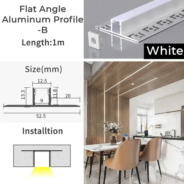 White flat angle aluminum profile b 1m long with precise dimensions for recessed lighting in led aluminum profile track