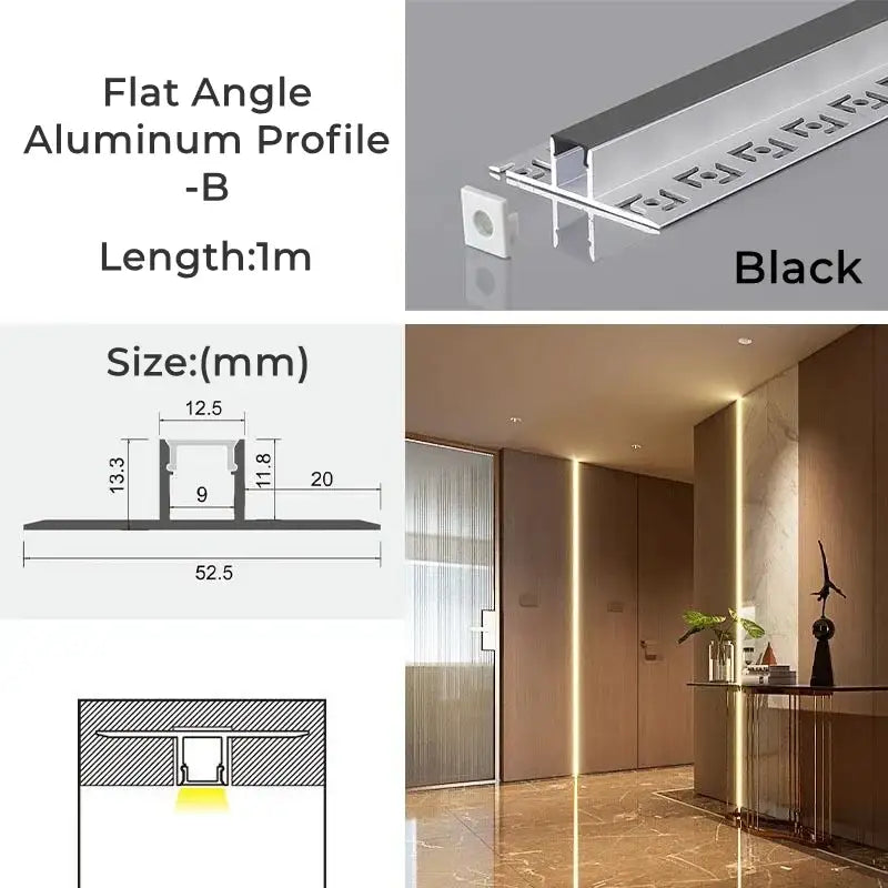 Black flat angle aluminum profile track for recessed led lighting in modern perforated silver led aluminum profile living room light track