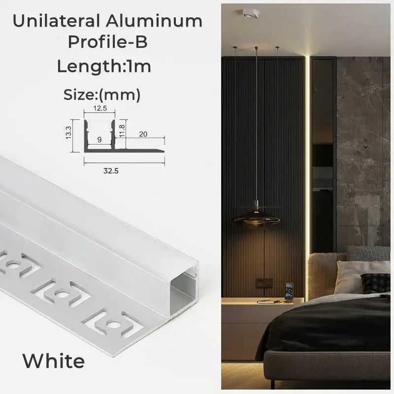 White unilateral aluminum profile b channel 1 meter long with precise dimensions for modern perforated led aluminum profile living room light track