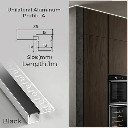 Black unilateral aluminum profile A with sleek modern design and 35mm length for modern perforated silver led aluminum profile living room light track