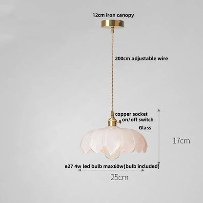 Delicate translucent pink glass led pendant lamp with fluted petal design and brass hardware for dining room lighting