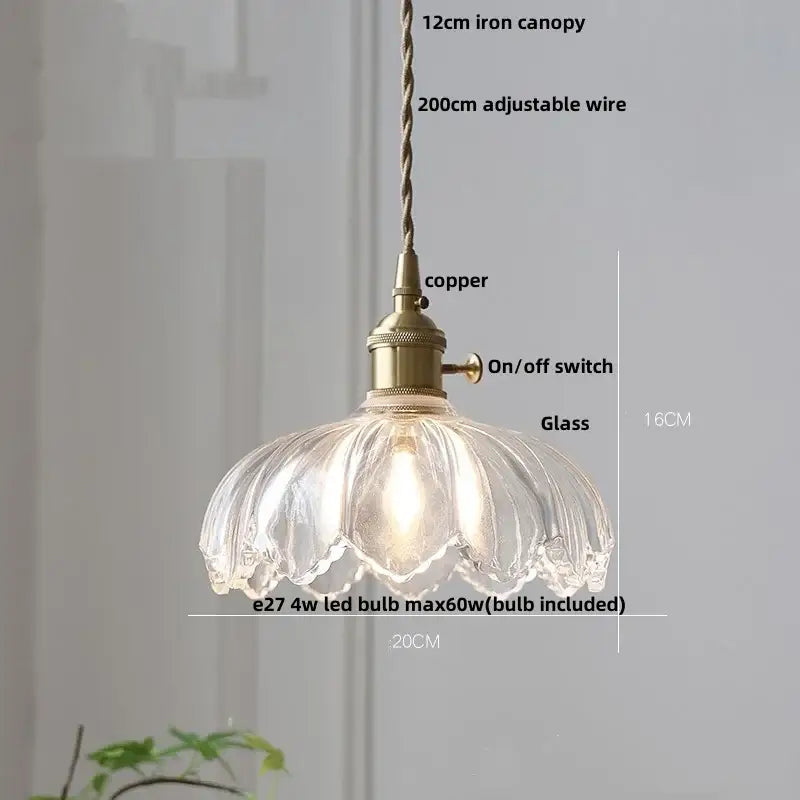 Modern petal amber glass led pendant lamp with brass copper fixture and adjustable twisted wire suspension for dining room