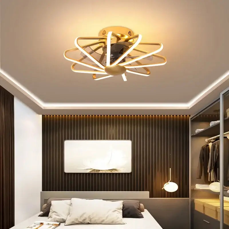 Gold-toned decorbites bladeless ceiling fan with integrated led lighting and modern petal design for bedroom decor