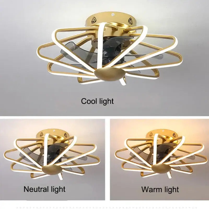 Gold-colored decorbites bladeless ceiling fan with integrated led lighting and three light modes for modern decor