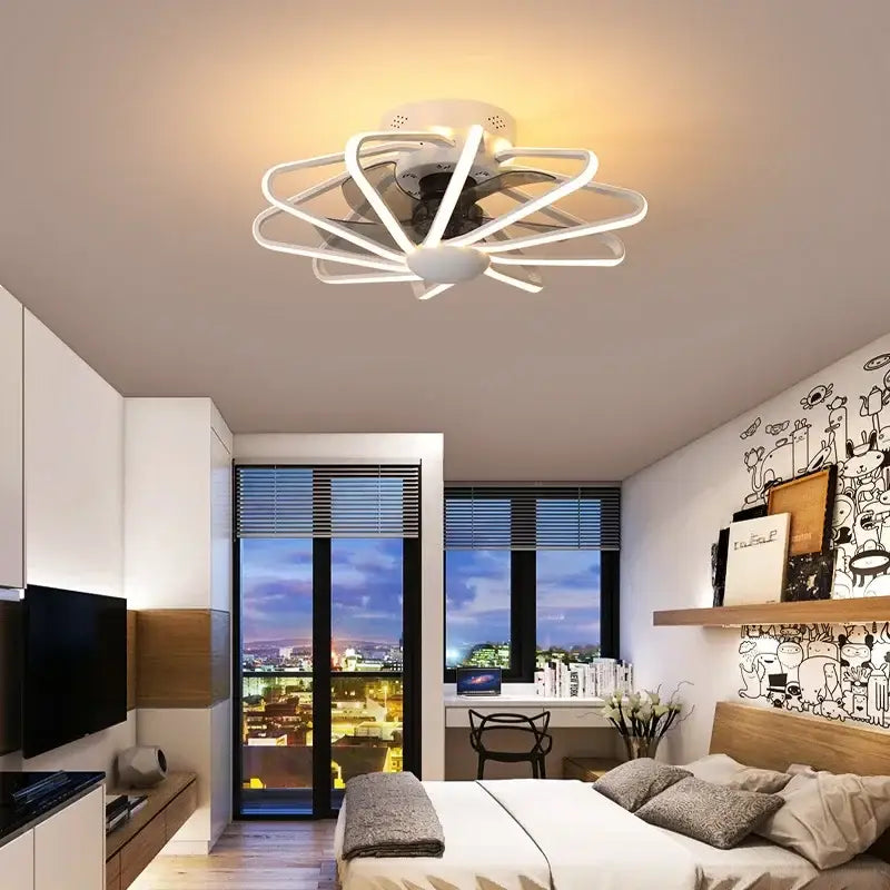 White modern decorbites bladeless ceiling fan with led lighting and sleek curved design for bedroom decor