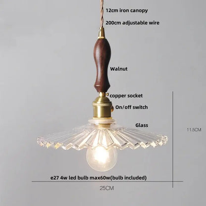 Modern petal clear glass led pendant lamp with dark walnut wooden handle and brass hardware for dining room decorbites clear glass