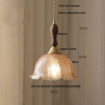 Modern petal clear glass led pendant lamp with warm amber crackled glass, brass copper socket, and walnut handle