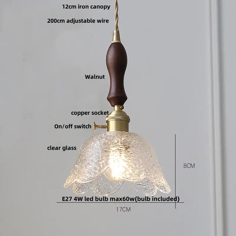 Modern petal clear glass led pendant lamp with textured design and walnut wood handle for dining room decorbites clear glass