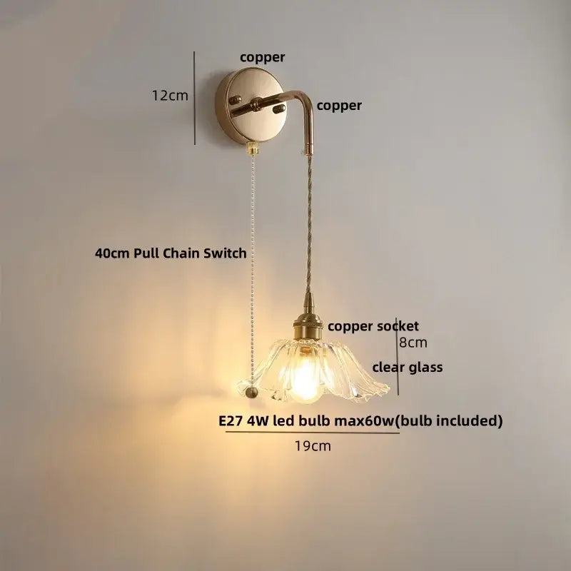 Modern petal clear glass led wall light with copper finish and decorbites clear glass flower shade for bedroom decor
