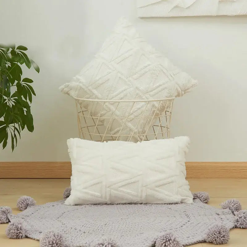 Cream-colored cushion cover with diamond embroidery and textured plush fabric for modern living room decor