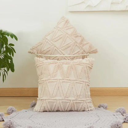 Beige textured throw pillows with diamond embroidery cushion cover and fringed edges for modern living room decor