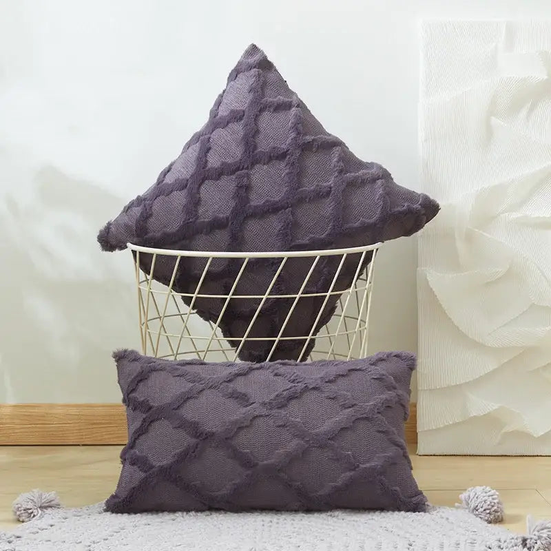 Purple textured cushion cover with diamond embroidery and frayed edges for modern living room decor