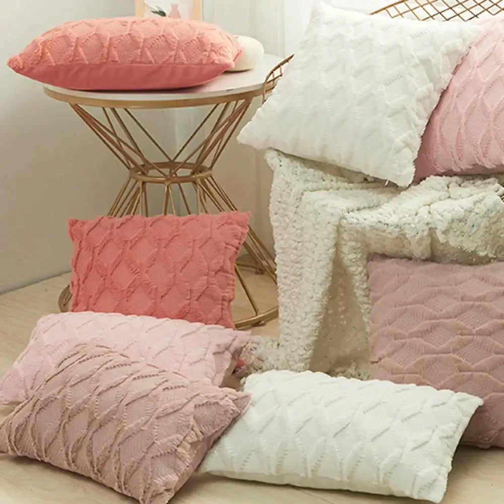 Soft blush pink and white cushion cover with quilted diamond embroidery for modern living room decor