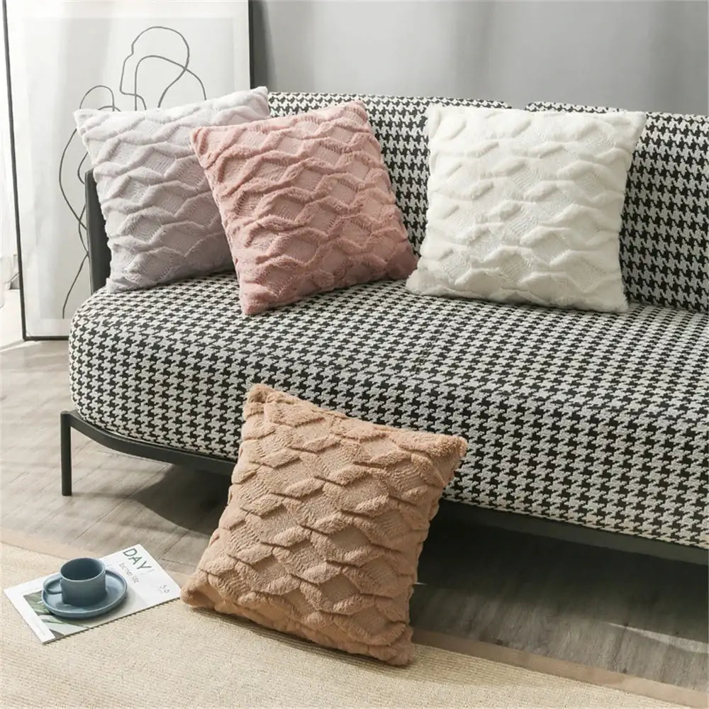Soft textured modern pink and beige diamond embroidery cushion cover perfect for living room decor