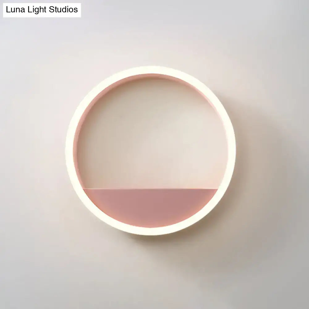 Circular wall-mounted iron hoop wall light with pink blue two-tone interior and white frame for bedroom storage rack