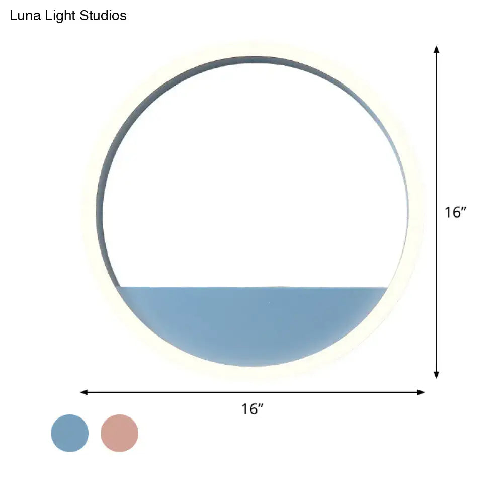 Modern pink blue iron hoop wall light with circular ceiling light dark gray frame and softly glowing blue half