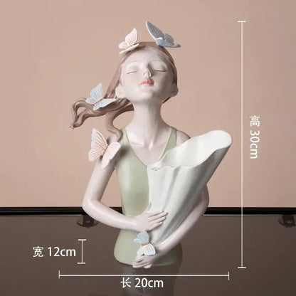 Delicate butterfly girl resin figure in light green with pastel butterflies on gold tray for living room decor
