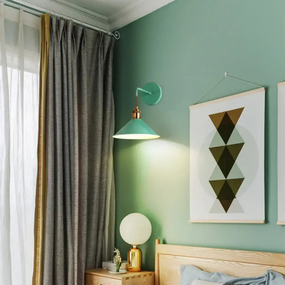Modern pink conical metal wall sconce with mint green conical shade and brass base for gray pink yellow decor