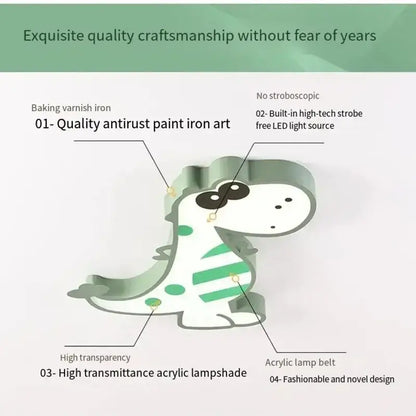 A charming white and green decorbites dinosaur animal kids ceiling lamp with glossy finish and striped patterns