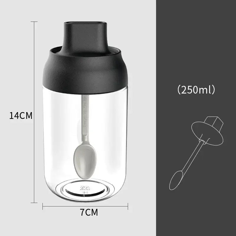 Clear glass seasoning bottle with black lid and silver spoon in modern pink glass seasoning bottle set 250ml capacity