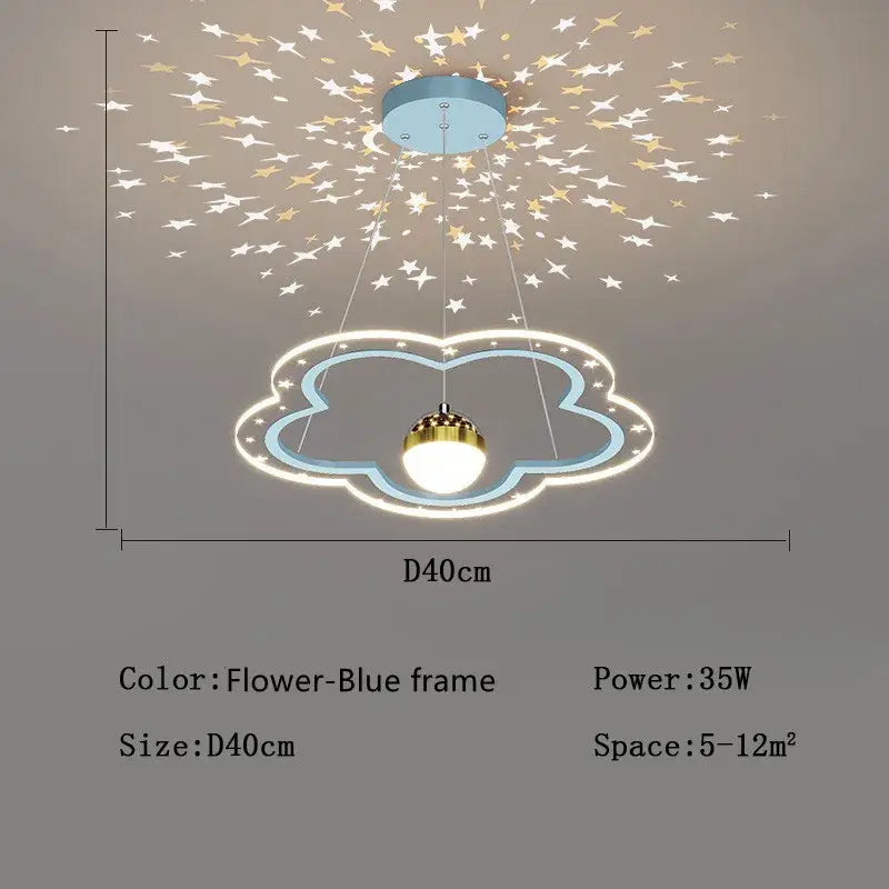 Modern pink and gold cloud flower led chandelier with blue flower-blue decorbites cloud flower and starry projection effect