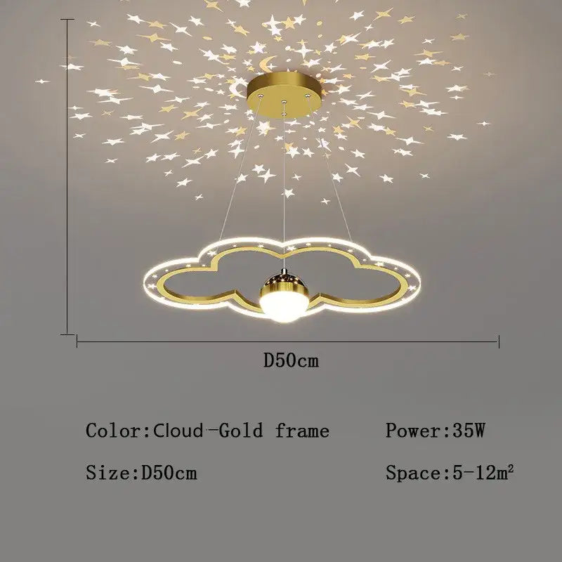 Modern pink and gold cloud flower led chandelier with gold-framed cloud shape and starry night projection decorbites cloud flower