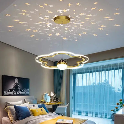 Modern pink and gold cloud flower led chandelier with glowing center and star projections for bedroom decorbites cloud flower
