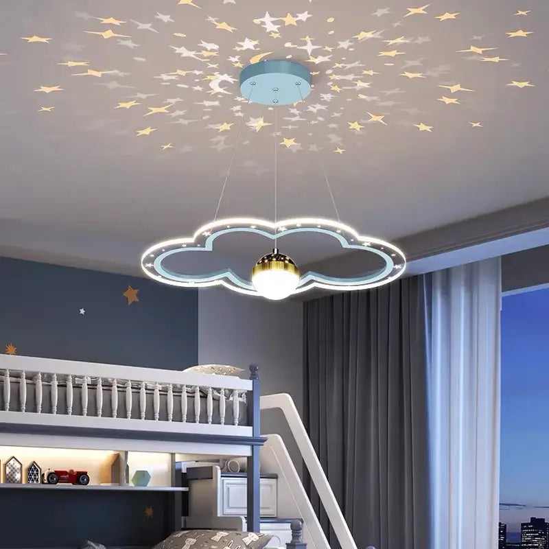 Modern pink and gold cloud flower led chandelier with glowing gold bulb and blue trim casting starry patterns ceiling decorbites cloud flower