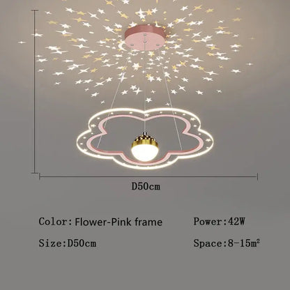 Modern pink and gold cloud flower led chandelier by decorbites with glowing white frame casting starry patterns above