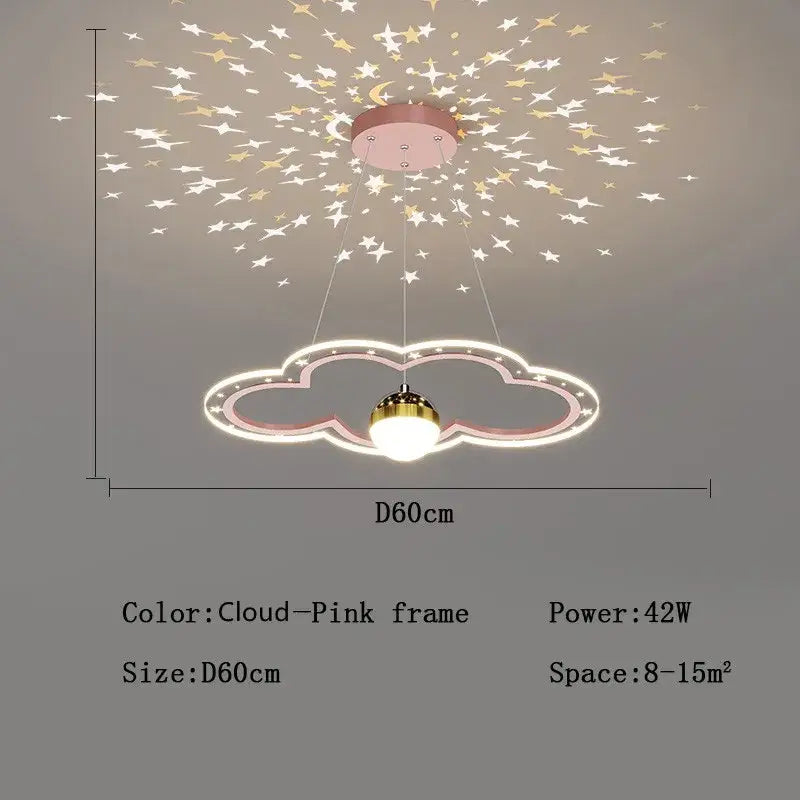 Modern pink and gold cloud flower led chandelier with illuminated starry patterns for bedroom decorbites cloud flower